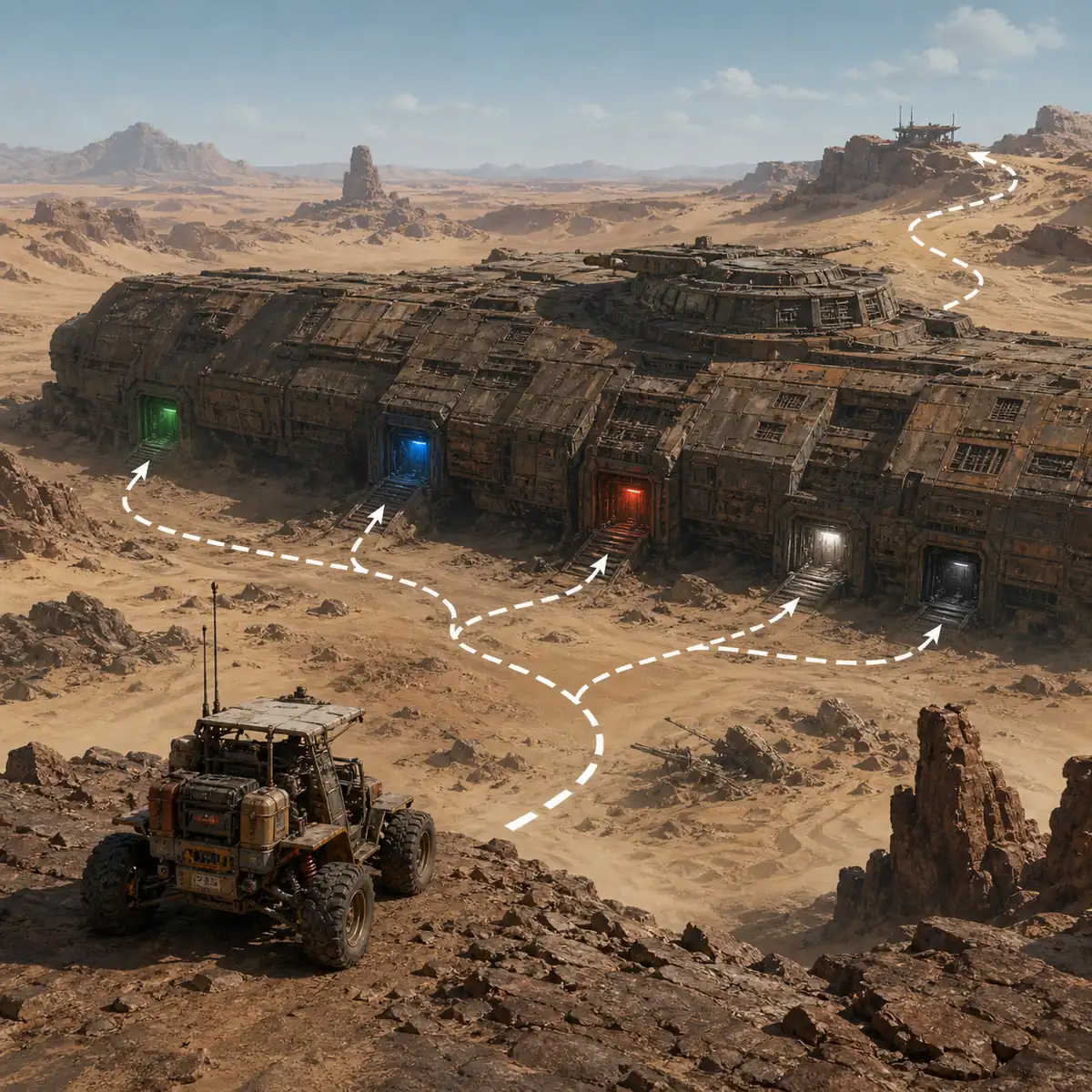 Illustrative Dreadnought encounter diagram showing a Trampler route through color-coded doors toward extraction
