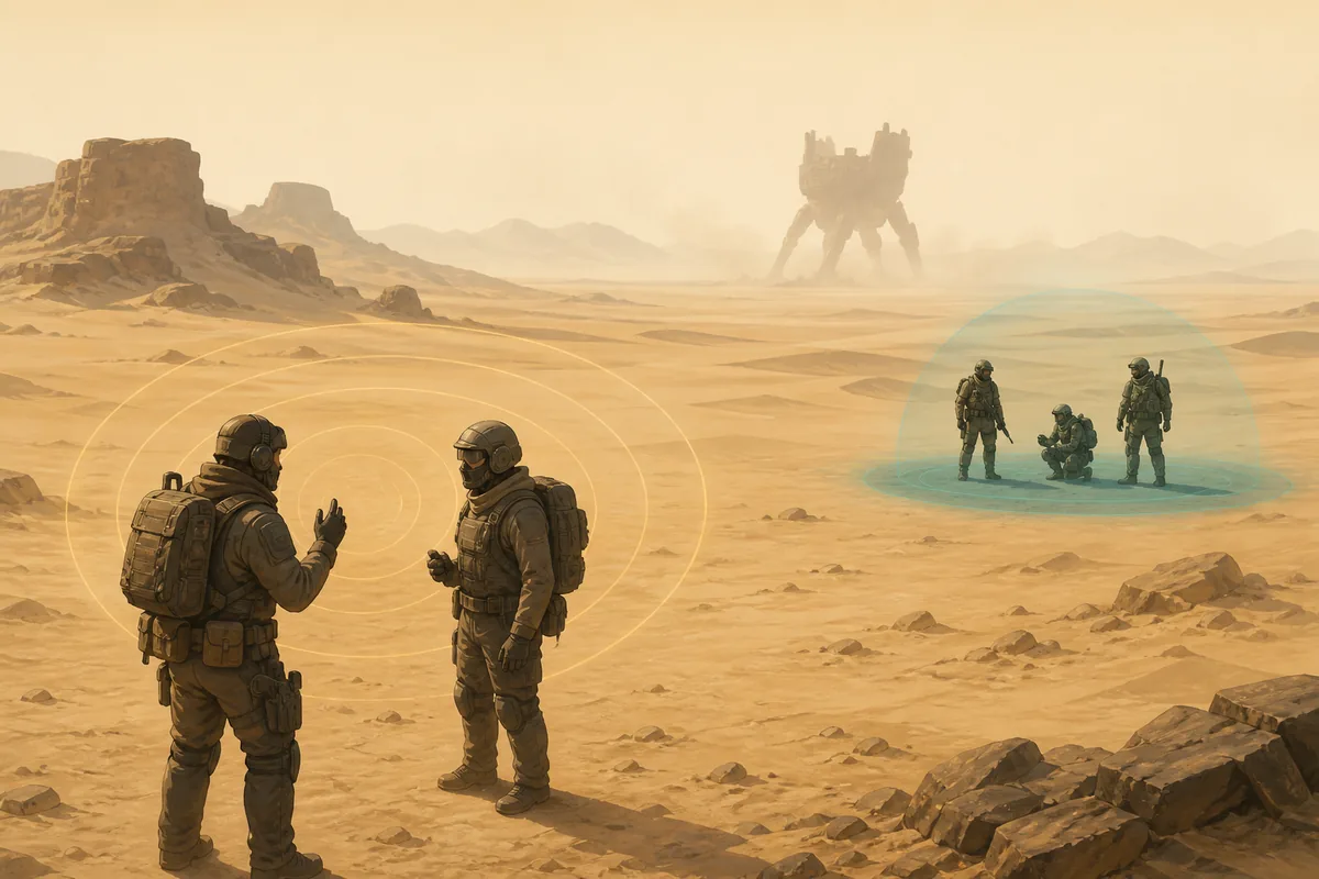 Editorial illustration comparing close-range proximity voice with a separate squad voice group in a desert