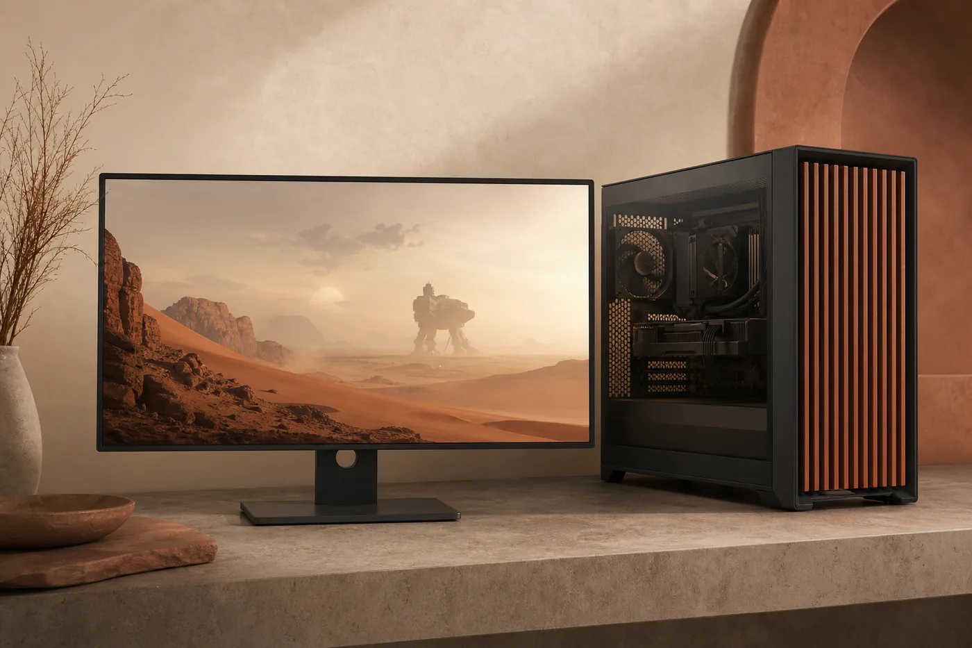 Illustrazione editoriale di un PC gaming e di un Trampler nel deserto per la guida SAND