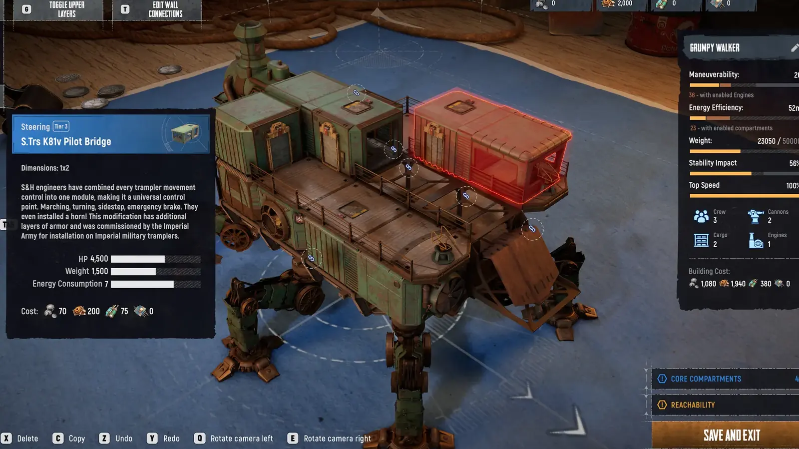 SAND Trampler-Editor mit verbundenen Abteilen und Statistiken